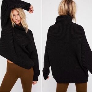 Free People Swim Too Deep Black Chunky Oversized Turtle Neck Sweater Sleeve S-M